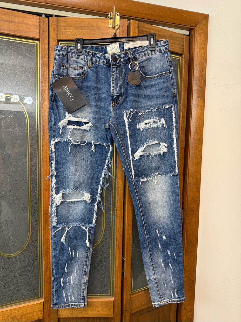 AMICCI MENS Distressed Blue Denim skinny Jeans, BRAND NEW
